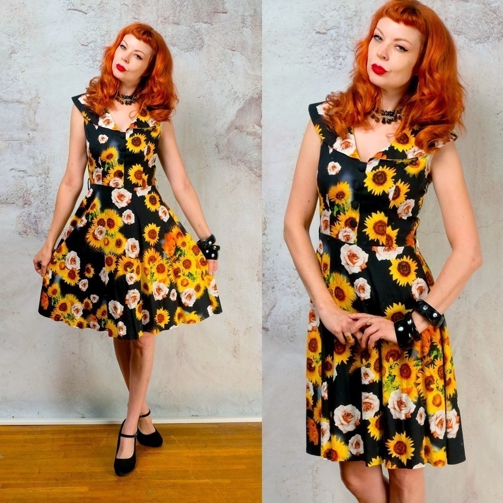 VOODOO VIXEN Retro Sunflower Summer Dress Black S